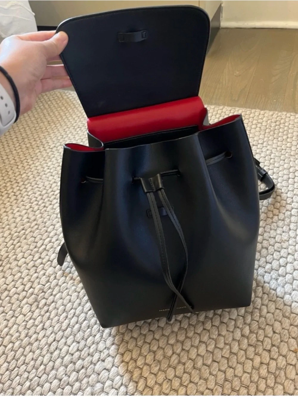 Mansur Gavriel Black Smooth Leather Backpack with Subtle Red Trim